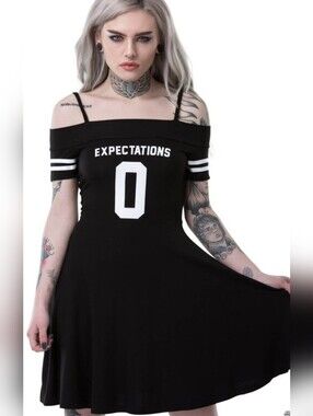 Killstar Black 'Expectations 0' Off-Shoulder Dress with White Graphics